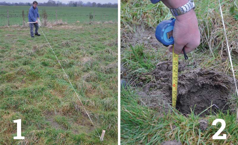 Create a straight line using stakes and a piece of string; Dig a hole for the fence post and surrounding concrete