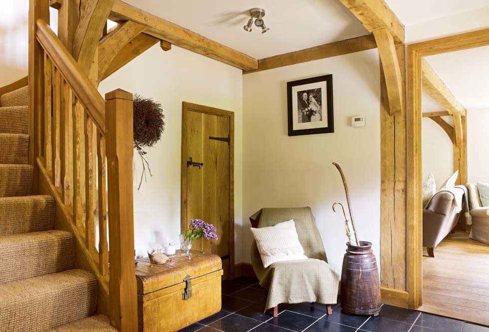 Exposed oak beams in a hallway