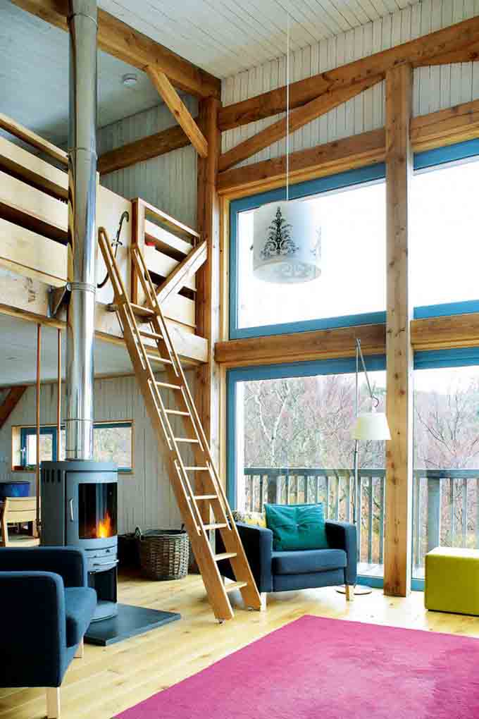 double height living space in timber frame longhouse