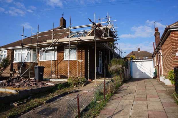 Construction of the dormer viewed from the front of the house