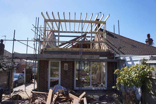 Construction of the dormer viewed from the rear of the house