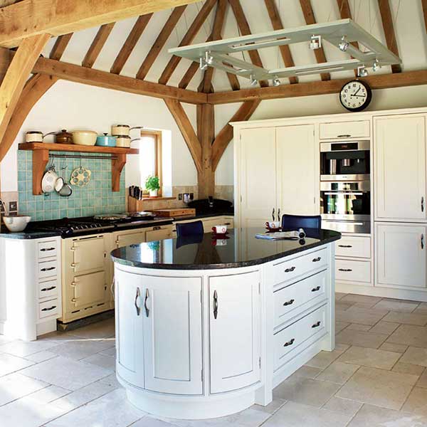 vaulted ceiling in kitchen of an oak frame home