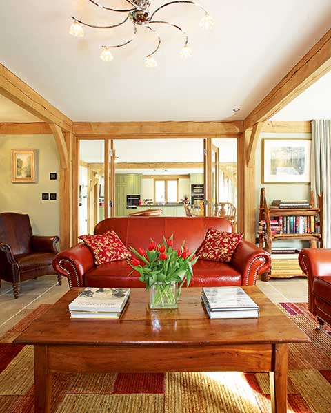 living room in an open plan oak frame home