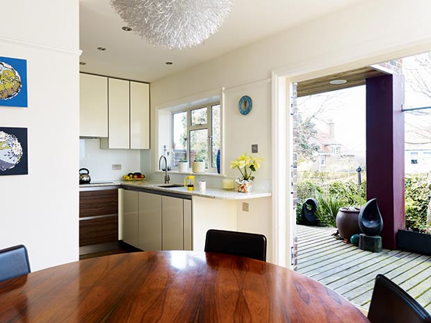 kitchen diner and terrace in a renovated 1920s home