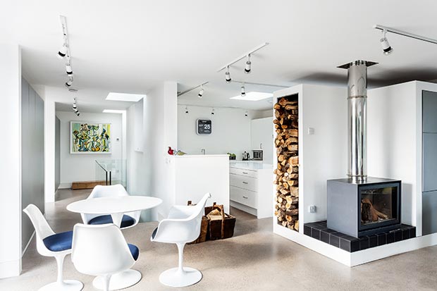 Wood and solar are the primary energy sources in this energy efficient home