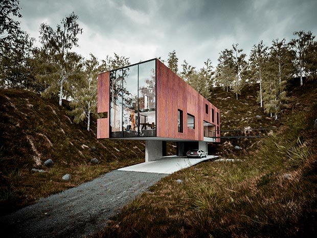 a modernist style home with large glazed sections and wood clad exterior in a Quarry in Pontypridd