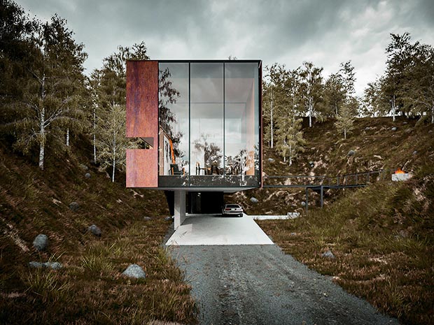 Large glazed end elevation of a cantilevered home in a quarry in Pontypridd