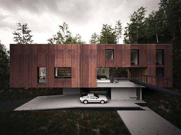side view of a home in a quarry with a vintage car underneath the cantilevered structure