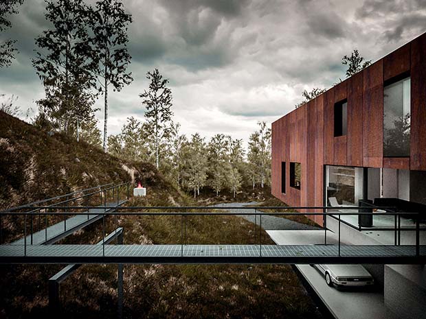suspended walkway to the entrance of a cantilevered home in a quarry in Pontypridd
