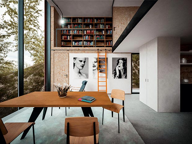 OSB interior walls and a sliding ladder lead to a library landing in a modern home with large glazed areas