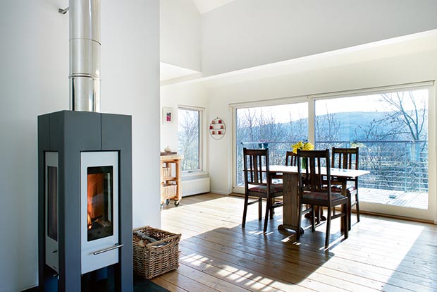 Woodburning stove in the lounge of a woodland home with amazing views of Perthshire