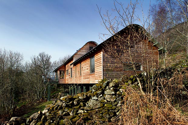a home on a dramatic woodland sloping site in Perthshire with larch weatherboarding and a curved aluminium roof