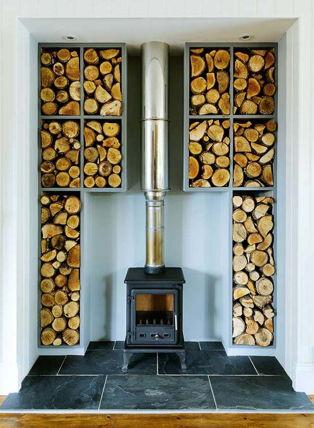 Woodburning stove with surrounding built-in storage