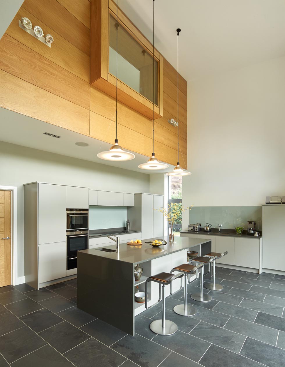 the double height kitchen diner in a remodel of a 1960s home