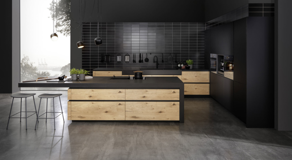 Modern black open plan kitchen