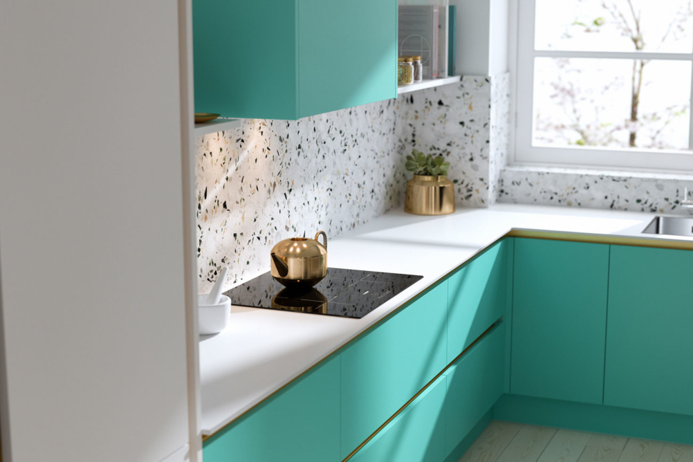 Sleek handleless kitchen mint green
