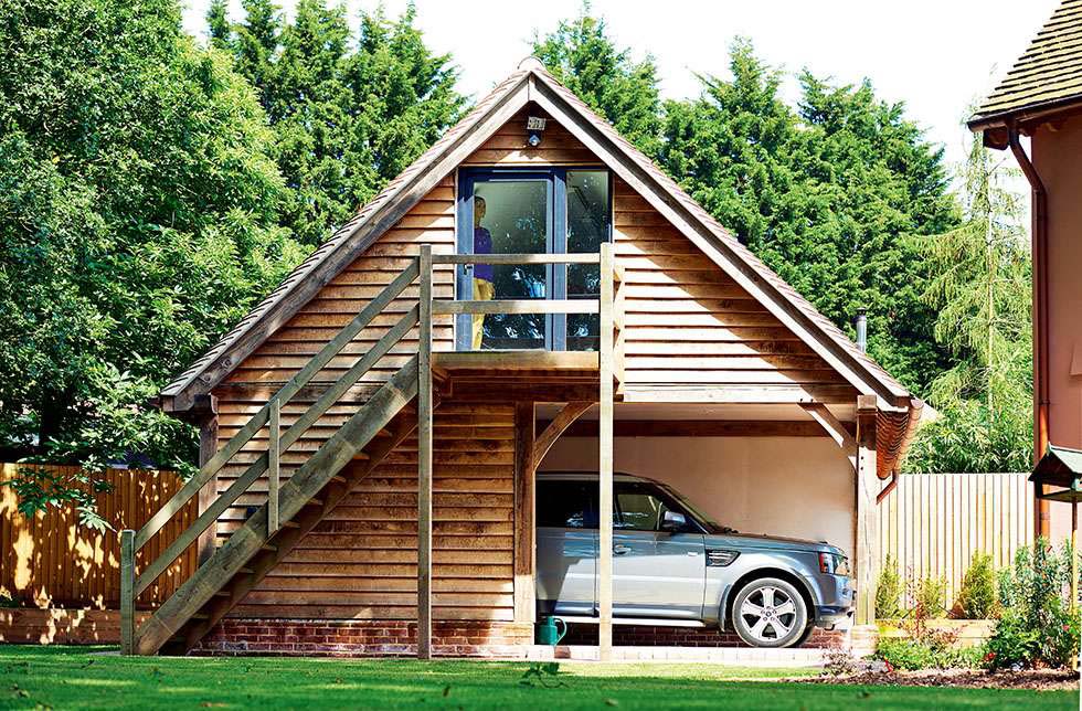 oak clad garage with studio above on a countryside plot in Suffolk