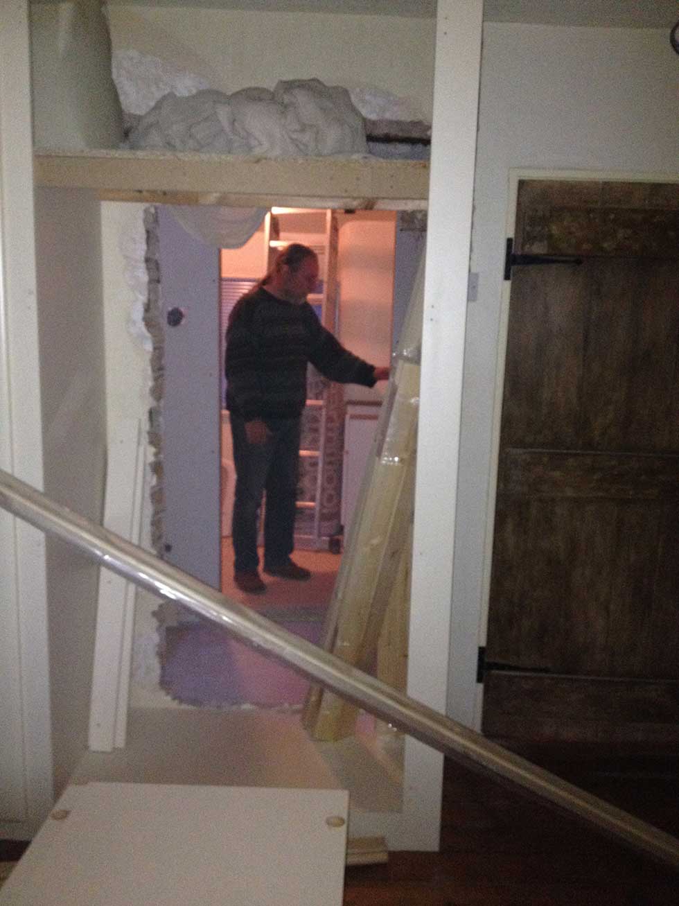 dad in bathroom new door through wardrobe