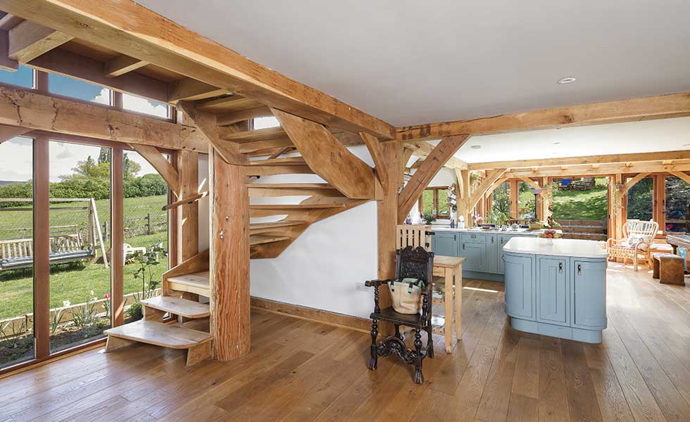 oak framed house with wooden staircase