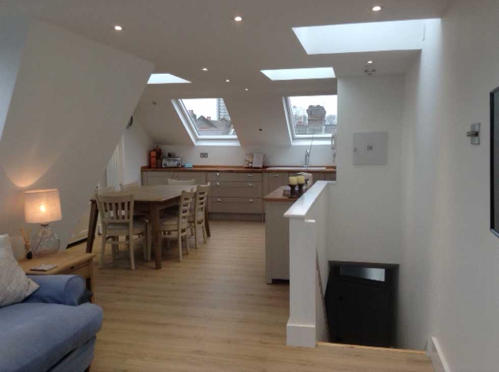 mansard loft conversion open plan living space kitchen diner