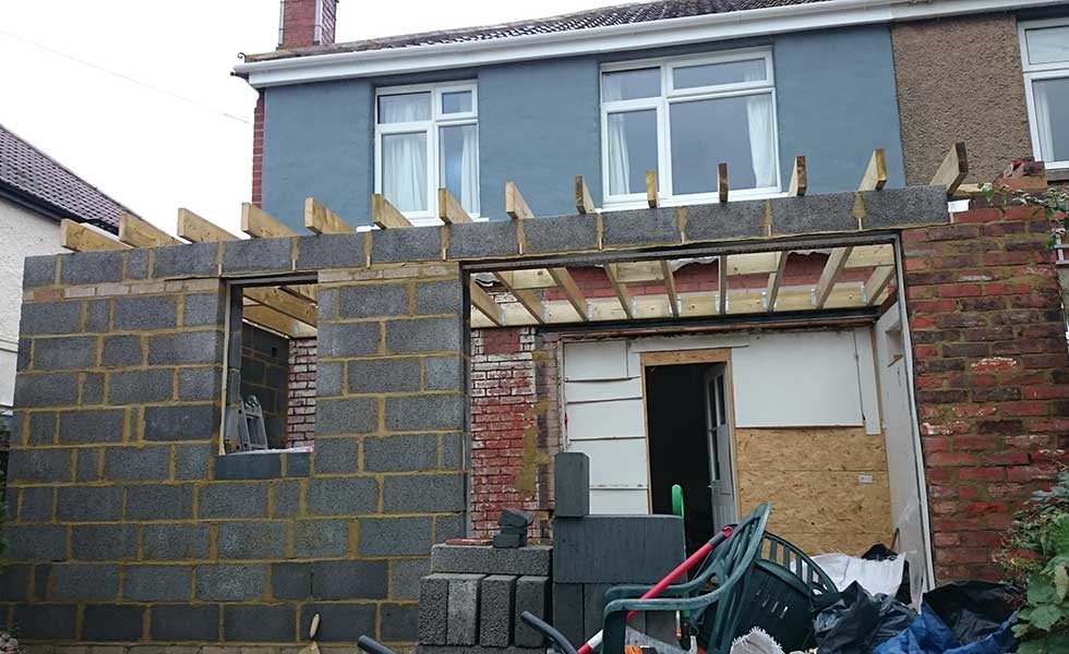 rebuilt extension before the roof and doors