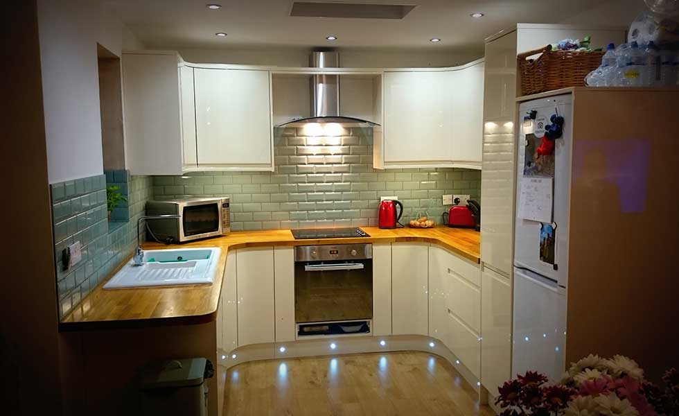 kitchen with duck egg blue metro tiles