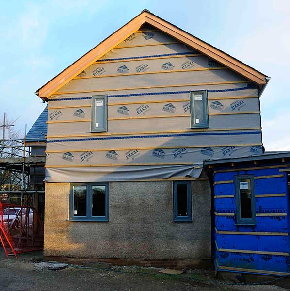 casement windows on the west elevation of hempcrete oak frame self build