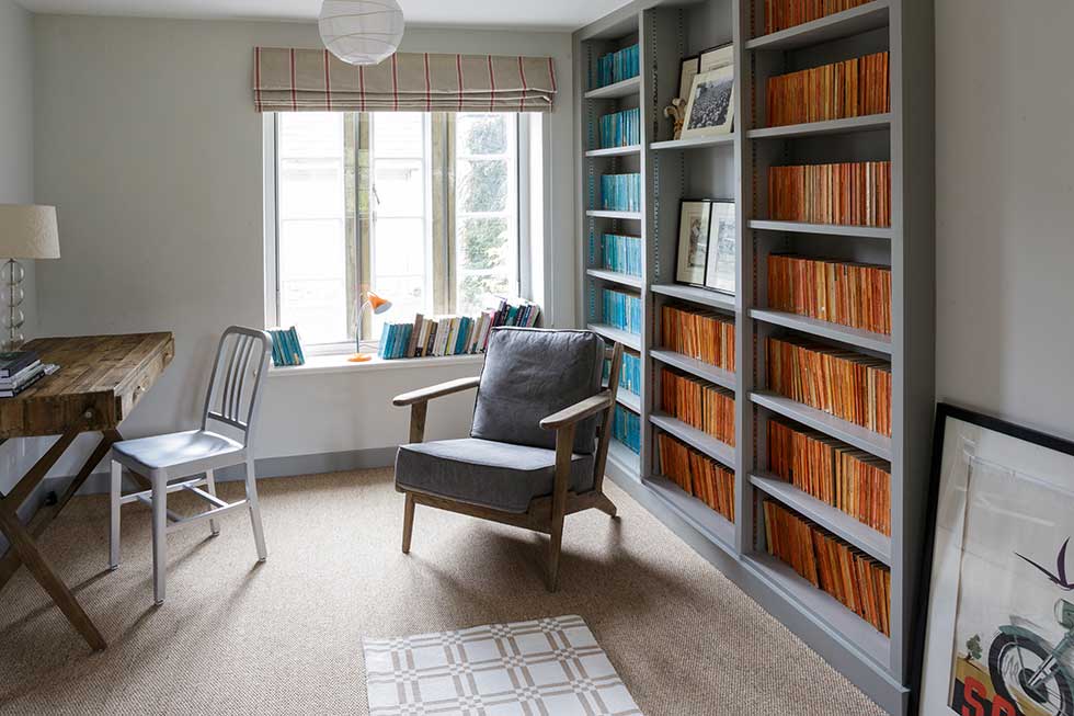 contemporary study and library in listed cottage renovation