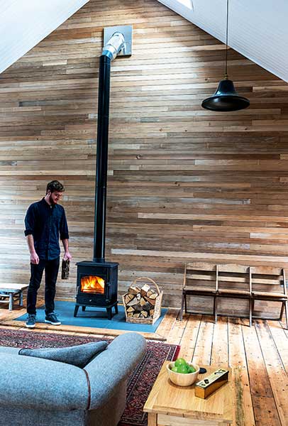 Tin Chapel renovation wood feature wall