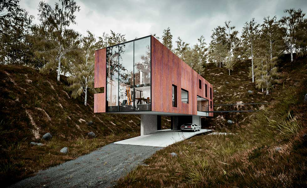 a cantilevered modern home in a quarry plot