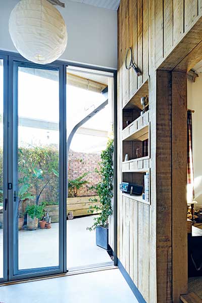 wood clad walls and courtyard