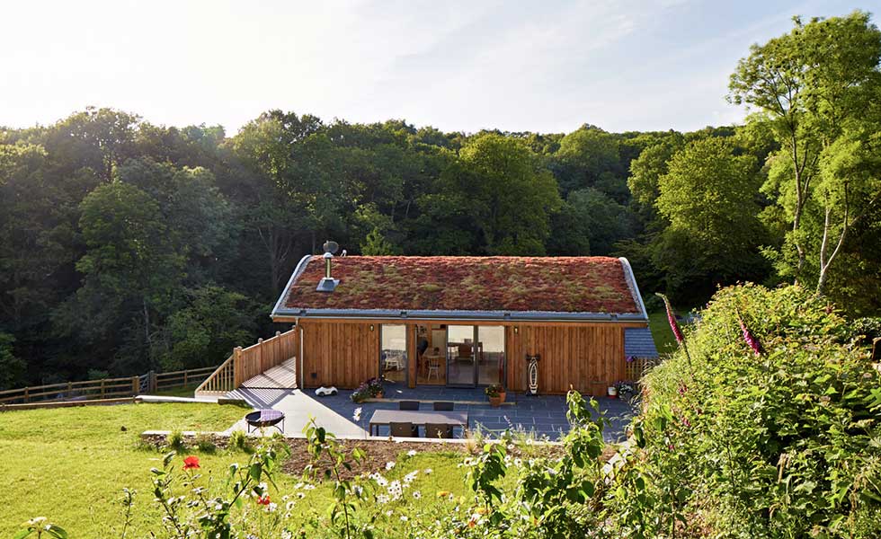 wooden panelled home with planted roof and open green spaces