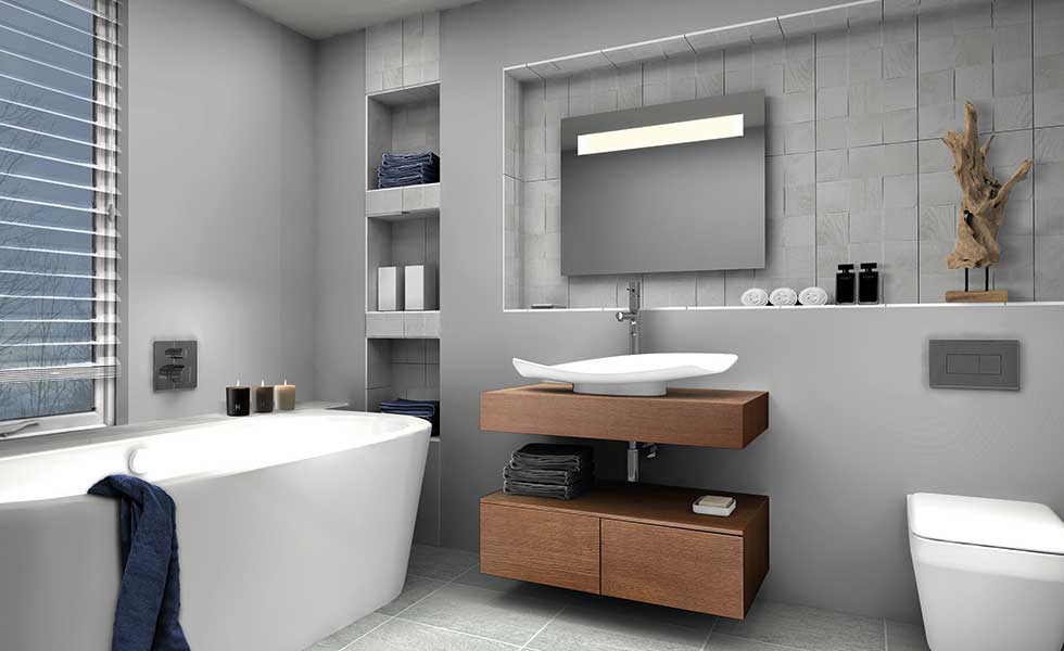 contemporary grey bathroom in passivhaus