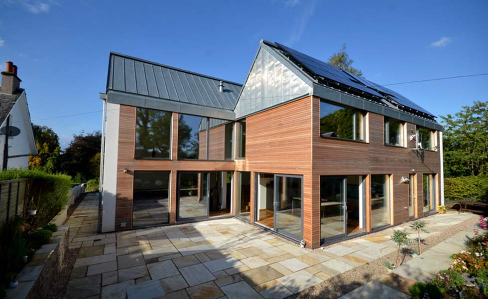 scotframe timber maryville passive house interior timber frame home exterior cladding steel roof courtyard
