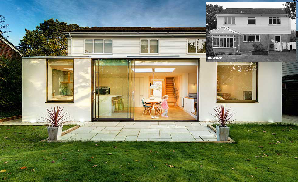 This white rendered extension offers a dated home with a modern kitchen diner and garden access