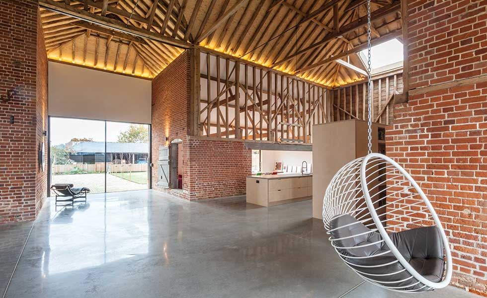 Interior of barn showing cruciform circulation space