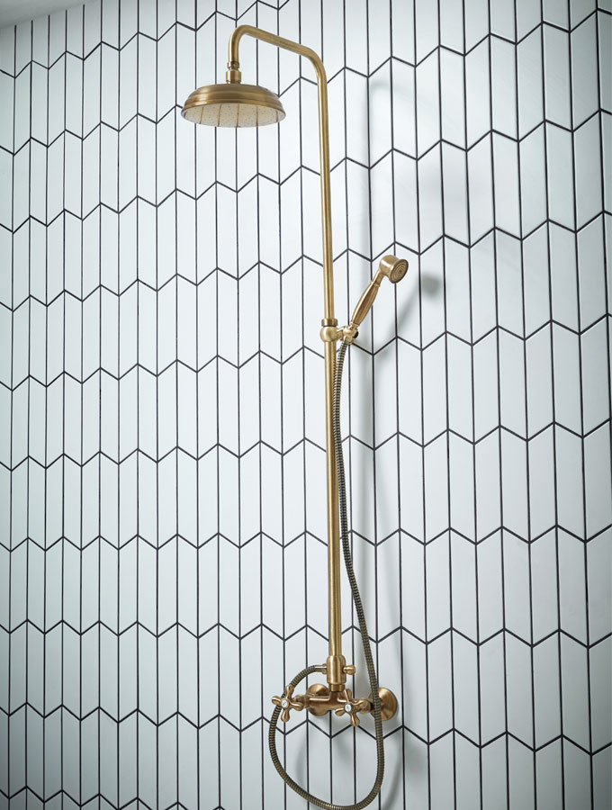 brass etros shower with concealed valve on tiled wall