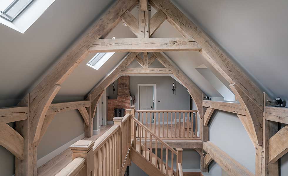 Oak framed double height landing