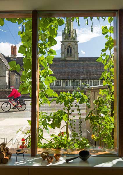 view of the church from the kitchen window