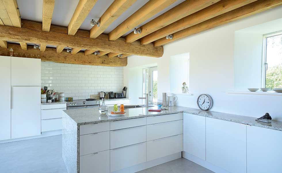 White contemporary kitchen with exposed beams
