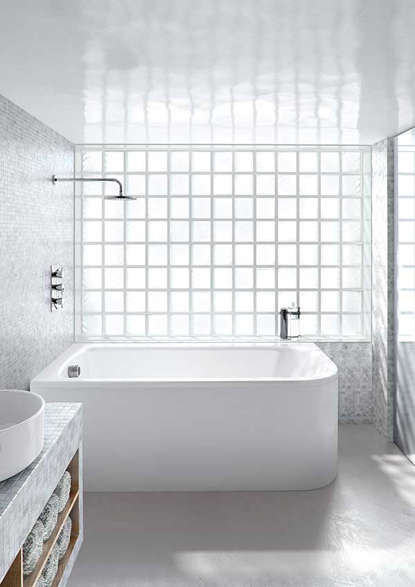 Compact bath with overhead shower and glass brick wall