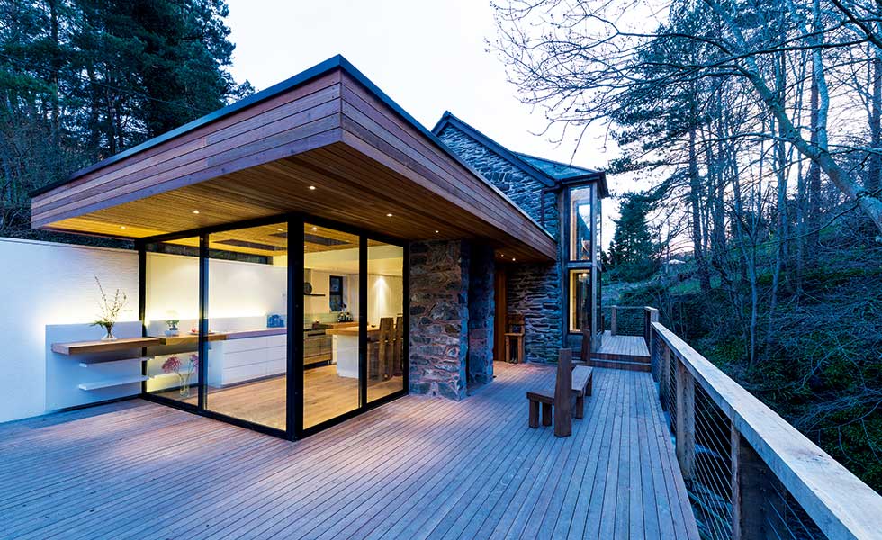 Rear Modernist-style extension to a converted mill