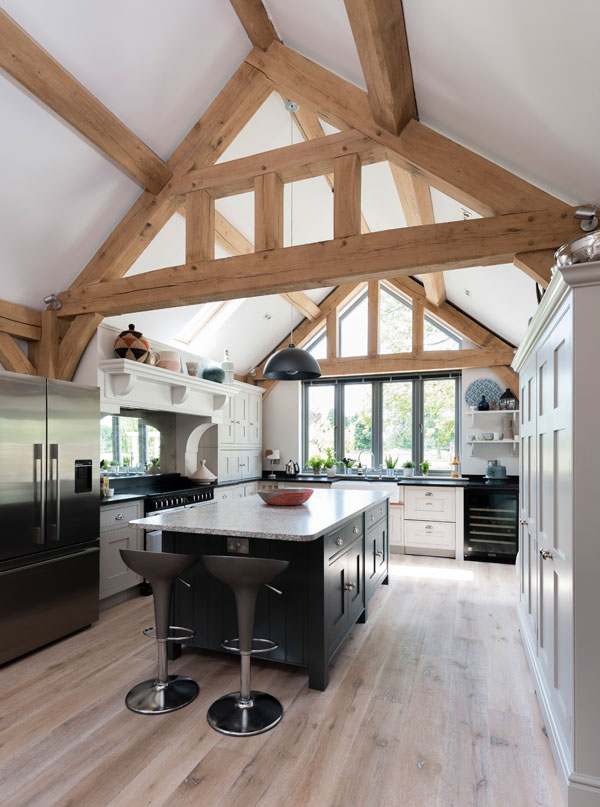 vaulted ceiling in spacious kitchen diner with island