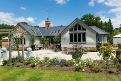 single storey oak framed home rear elevation