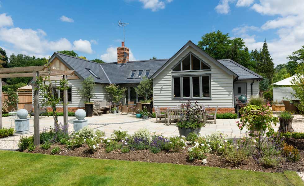 single storey oak framed home rear elevation