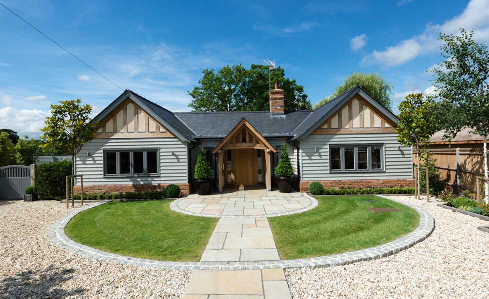 single storey oak framed home front elevation