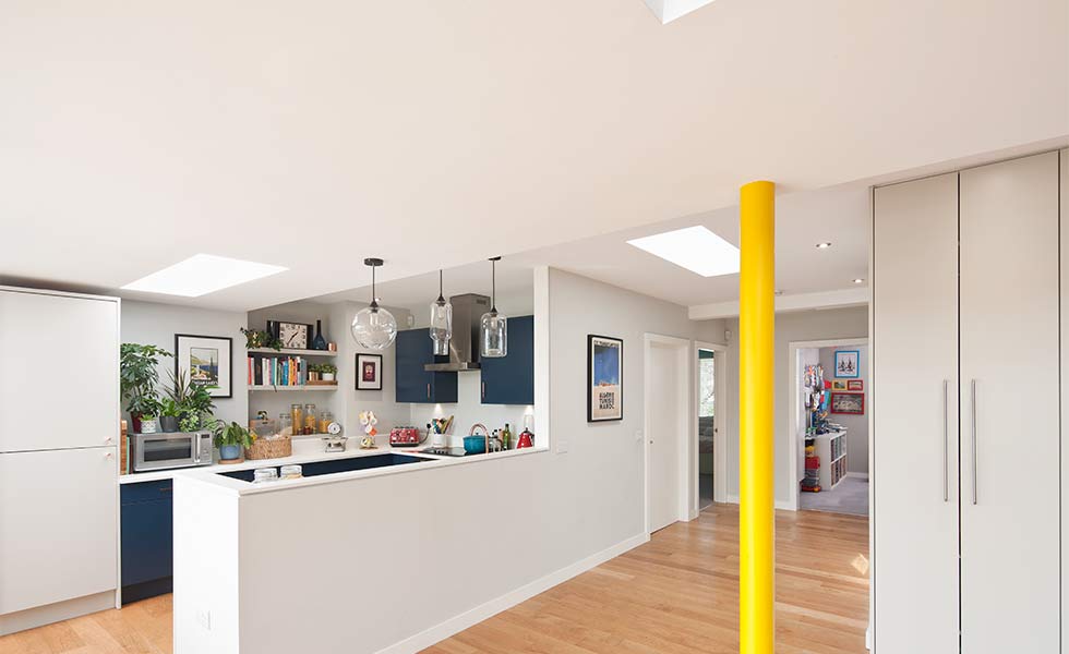 Open plan layout with supporting post