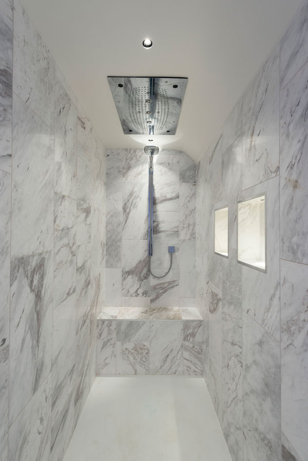 contemporary marble shower with rainfall shower head