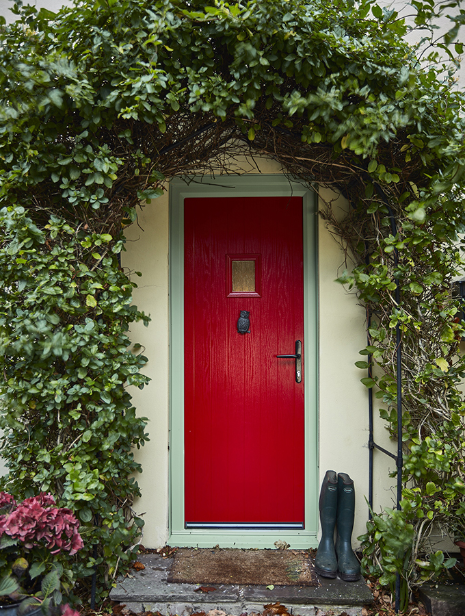 red front door of traditional house