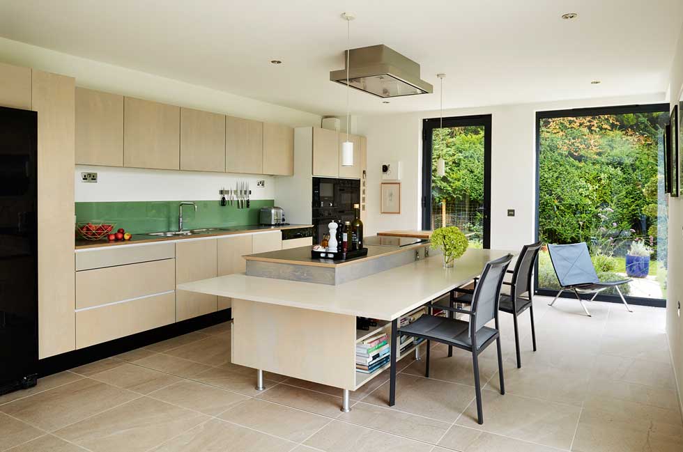 The modern kitchen features a kitchen island